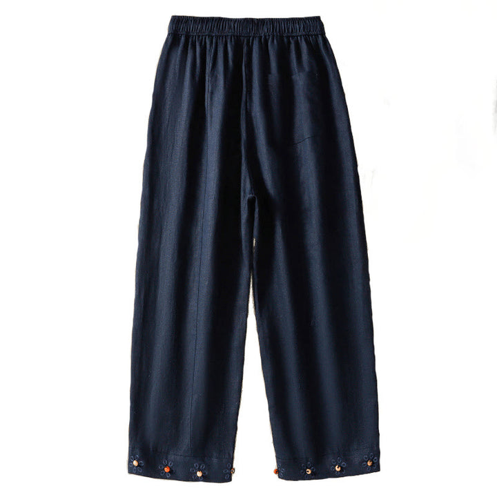 Buddha Stones Pantaloni larghi in cotone con coulisse, perline ricamate e tasche, da donna - image 5