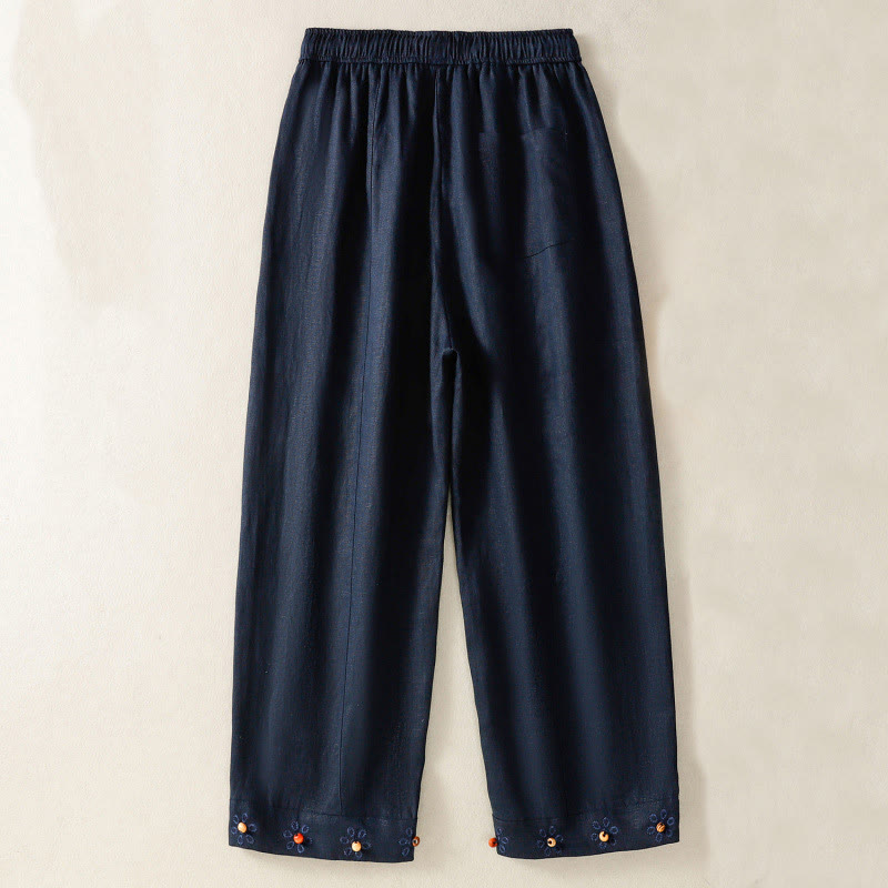 Buddha Stones Pantaloni larghi in cotone con coulisse, perline ricamate e tasche, da donna - image 1