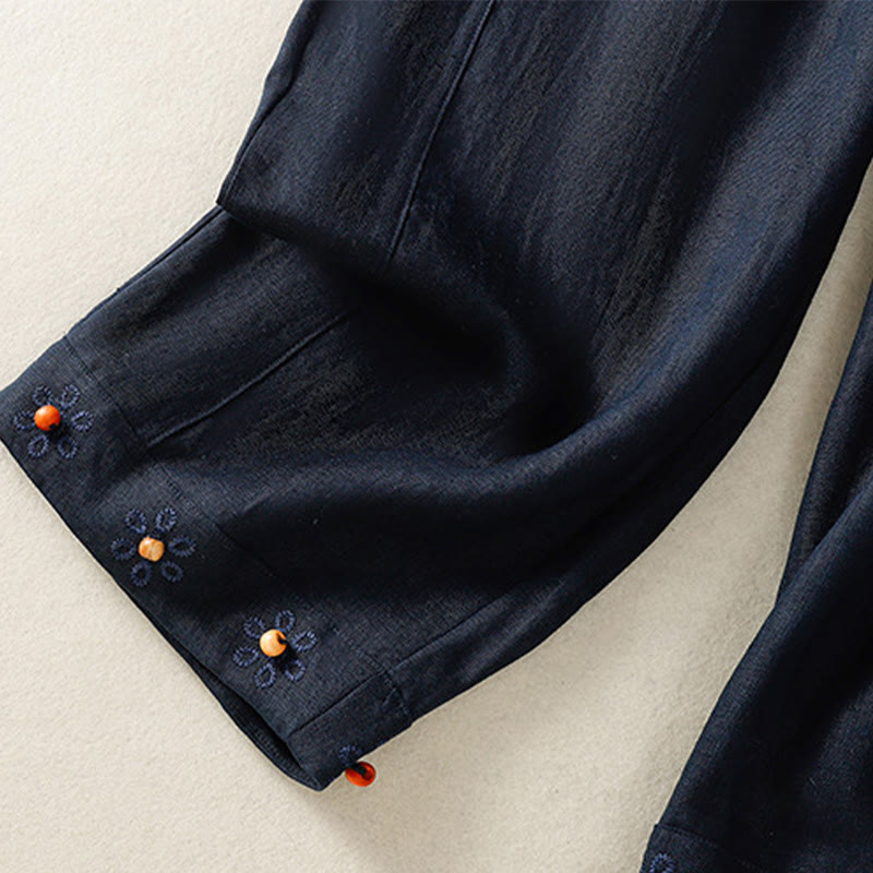 Buddha Stones Pantaloni larghi in cotone con coulisse, perline ricamate e tasche, da donna - image 4