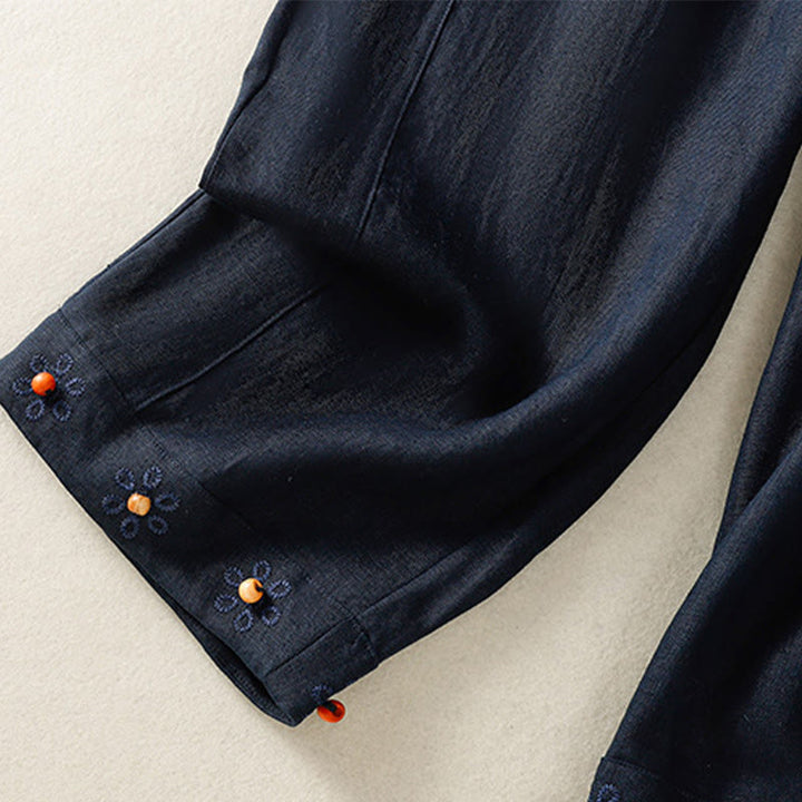 Buddha Stones Pantaloni larghi in cotone con coulisse, perline ricamate e tasche, da donna - image 4