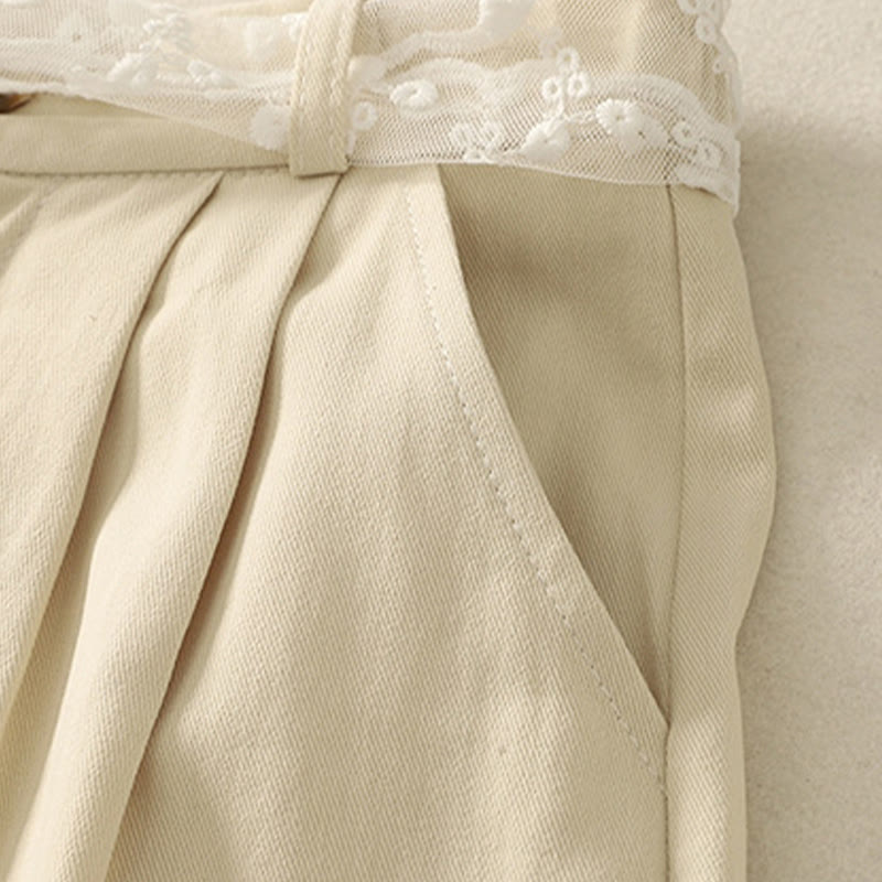 Buddha Stones Pantaloni larghi in cotone da donna con cintura in pizzo tinta unita e tasche - image 2