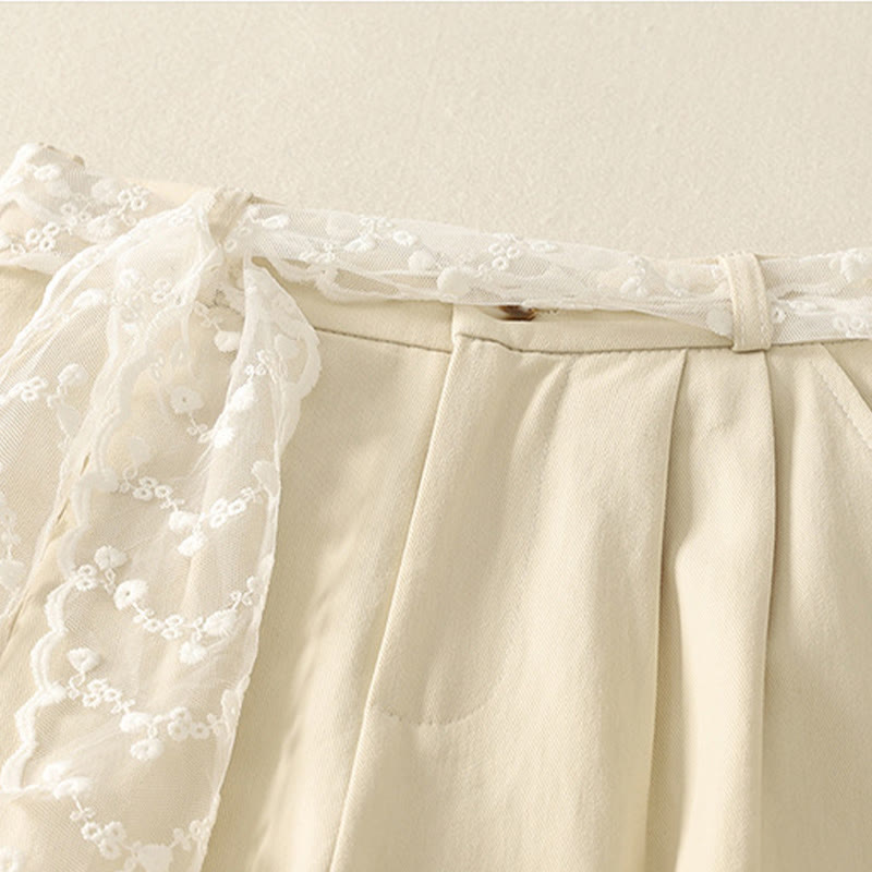 Buddha Stones Pantaloni larghi in cotone da donna con cintura in pizzo tinta unita e tasche - image 1