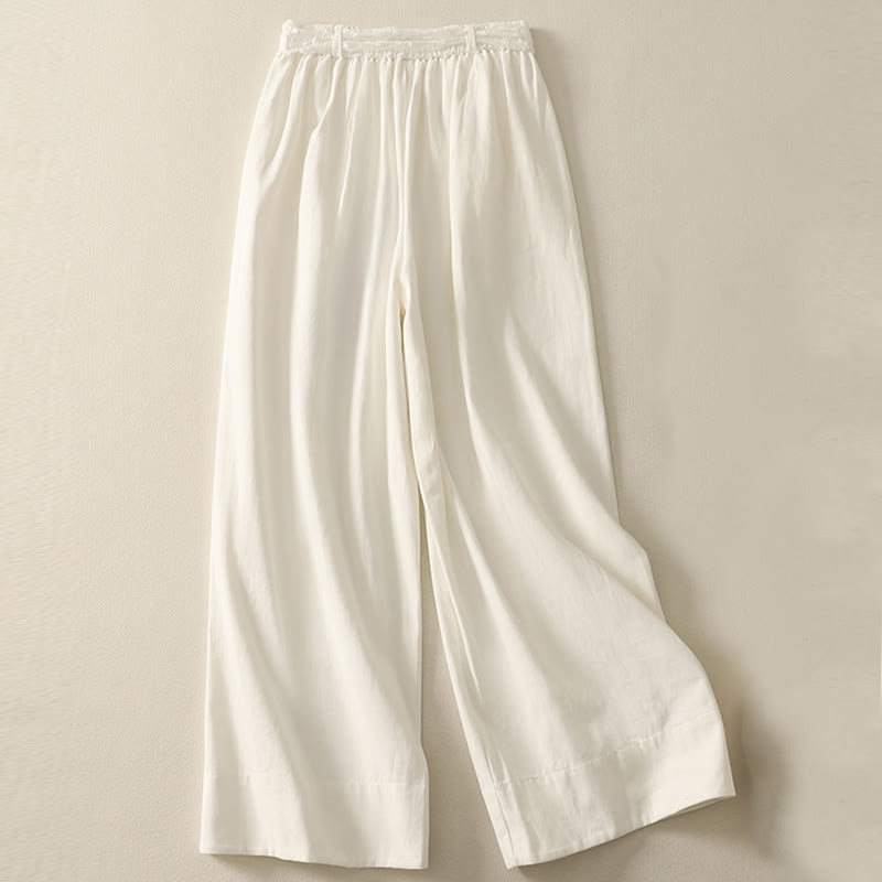 Buddha Stones Pantaloni larghi in cotone da donna con cintura in pizzo tinta unita e tasche - image 7