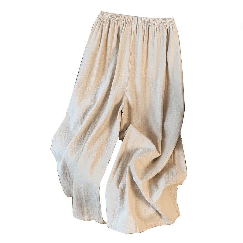 Buddha Stones Pantaloni larghi in cotone e lino con tasche, da donna, con ricamo beige casual - image 10