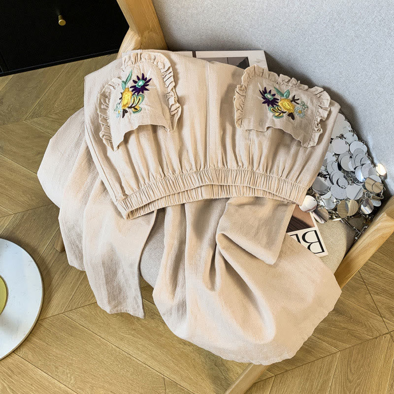 Buddha Stones Pantaloni larghi in cotone e lino con tasche, da donna, con ricamo beige casual - image 2