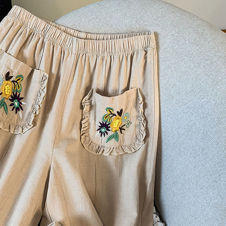 Buddha Stones Pantaloni larghi in cotone e lino con tasche, da donna, con ricamo beige casual - image 5