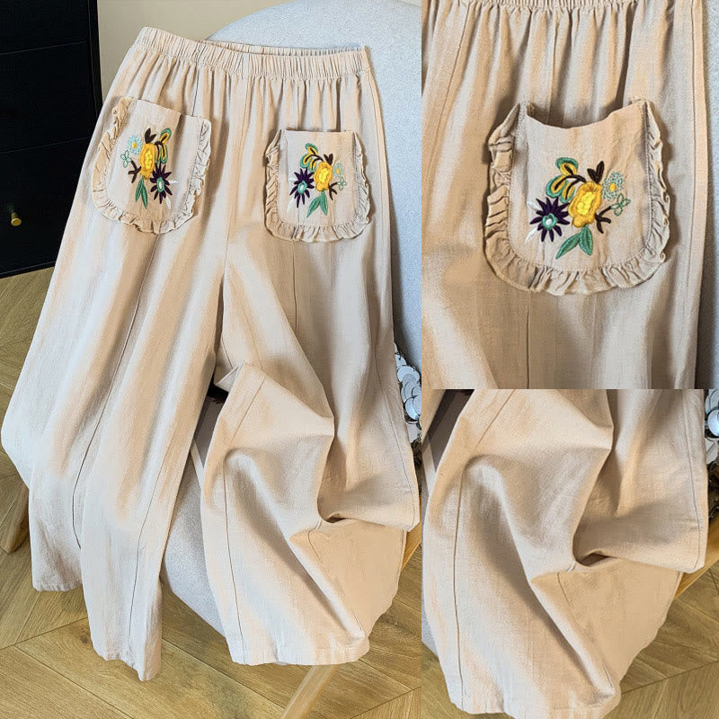 Buddha Stones Pantaloni larghi in cotone e lino con tasche, da donna, con ricamo beige casual - image 9