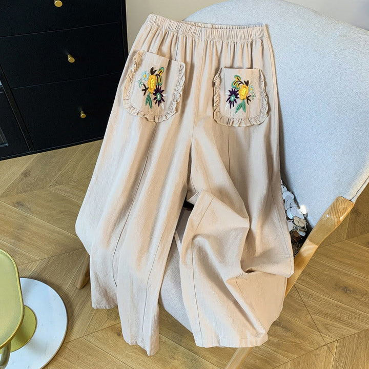 Buddha Stones Pantaloni larghi in cotone e lino con tasche, da donna, con ricamo beige casual - Beige - US8-10, UK/AU12-14, EU40-42 (2XL) - image 0