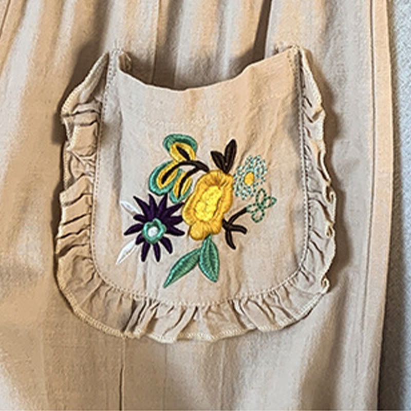 Buddha Stones Pantaloni larghi in cotone e lino con tasche, da donna, con ricamo beige casual - image 8