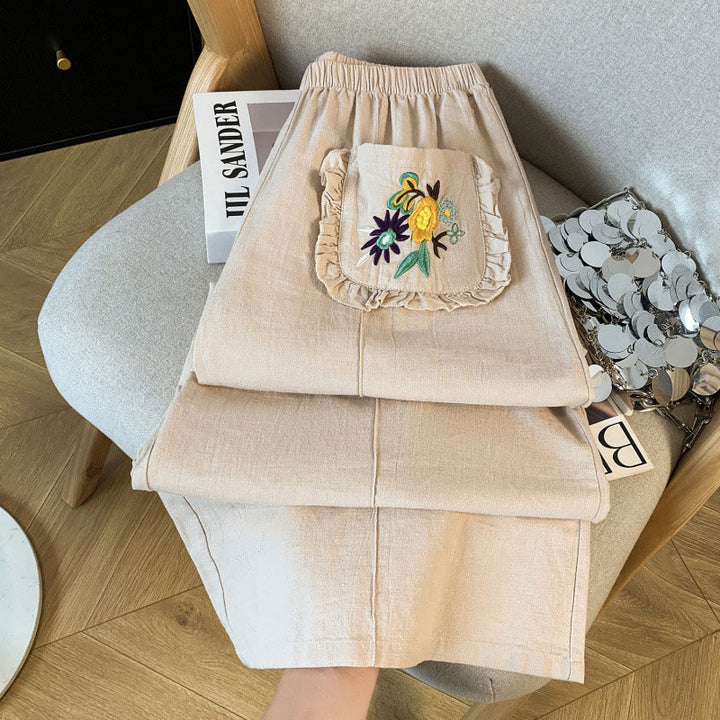 Buddha Stones Pantaloni larghi in cotone e lino con tasche, da donna, con ricamo beige casual - image 3