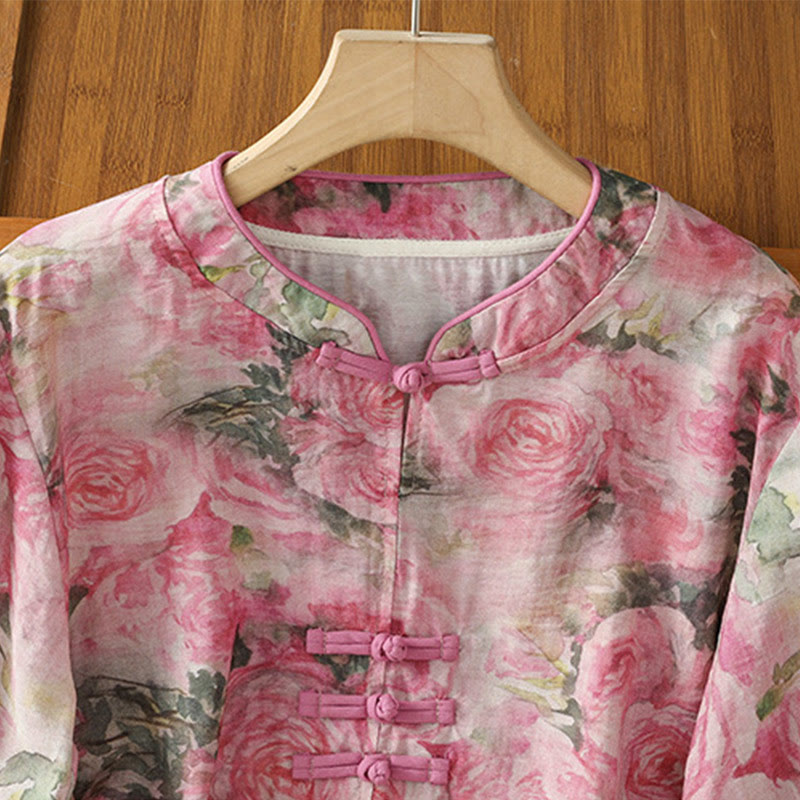Buddha Stones Camicia da donna in cotone con maniche a tre quarti, stampa floreale, tinta unita, bottoni cinesi a forma di rana - image 8