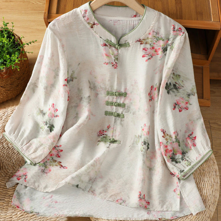 Buddha Stones Camicia da donna in cotone con maniche a tre quarti, stampa floreale, tinta unita, bottoni cinesi a forma di rana - Bianco - US12, UK/AU16, EU44 (2XL) - image 0