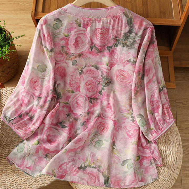 Buddha Stones Camicia da donna in cotone con maniche a tre quarti, stampa floreale, tinta unita, bottoni cinesi a forma di rana - image 7