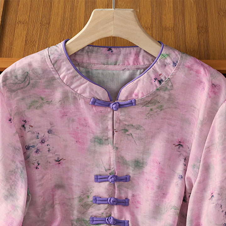 Buddha Stones Camicia da donna in cotone con maniche a tre quarti, stampa floreale, tinta unita, bottoni cinesi a forma di rana - image 17