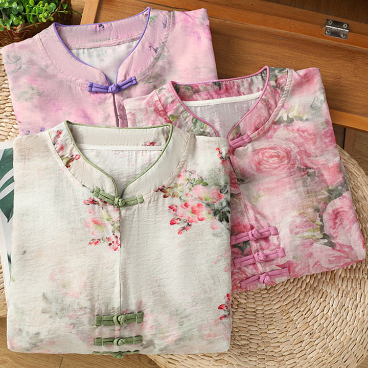 Buddha Stones Camicia da donna in cotone con maniche a tre quarti, stampa floreale, tinta unita, bottoni cinesi a forma di rana - image 22