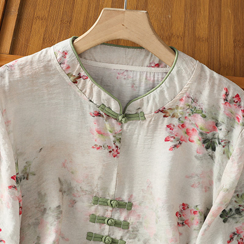 Buddha Stones Camicia da donna in cotone con maniche a tre quarti, stampa floreale, tinta unita, bottoni cinesi a forma di rana - image 2