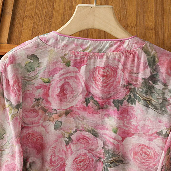 Buddha Stones Camicia da donna in cotone con maniche a tre quarti, stampa floreale, tinta unita, bottoni cinesi a forma di rana - image 9