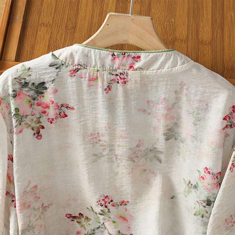 Buddha Stones Camicia da donna in cotone con maniche a tre quarti, stampa floreale, tinta unita, bottoni cinesi a forma di rana - image 3