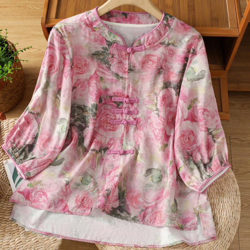 Buddha Stones Camicia da donna in cotone con maniche a tre quarti, stampa floreale, tinta unita, bottoni cinesi a forma di rana - Rosa acceso - US12, UK/AU16, EU44 (2XL) - image 6