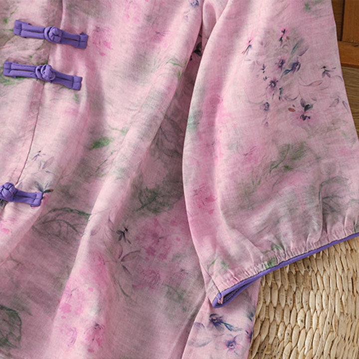 Buddha Stones Camicia da donna in cotone con maniche a tre quarti, stampa floreale, tinta unita, bottoni cinesi a forma di rana - image 19