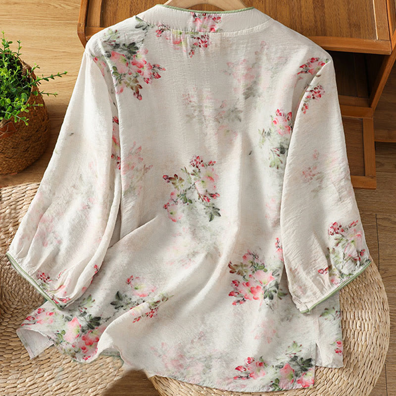 Buddha Stones Camicia da donna in cotone con maniche a tre quarti, stampa floreale, tinta unita, bottoni cinesi a forma di rana - image 1
