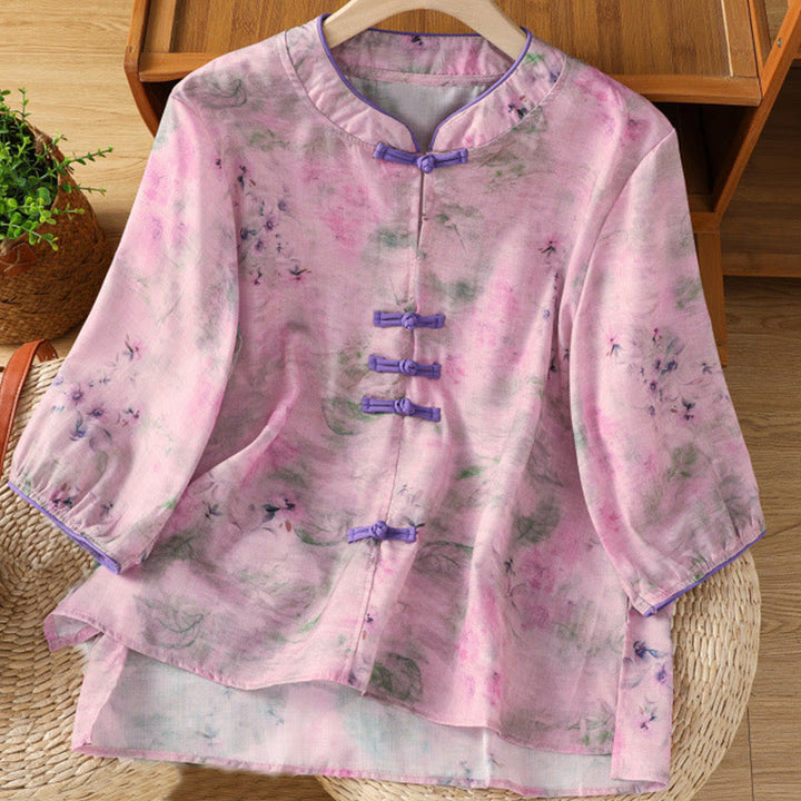 Buddha Stones Camicia da donna in cotone con maniche a tre quarti, stampa floreale, tinta unita, bottoni cinesi a forma di rana - Viola - US12, UK/AU16, EU44 (2XL) - image 15