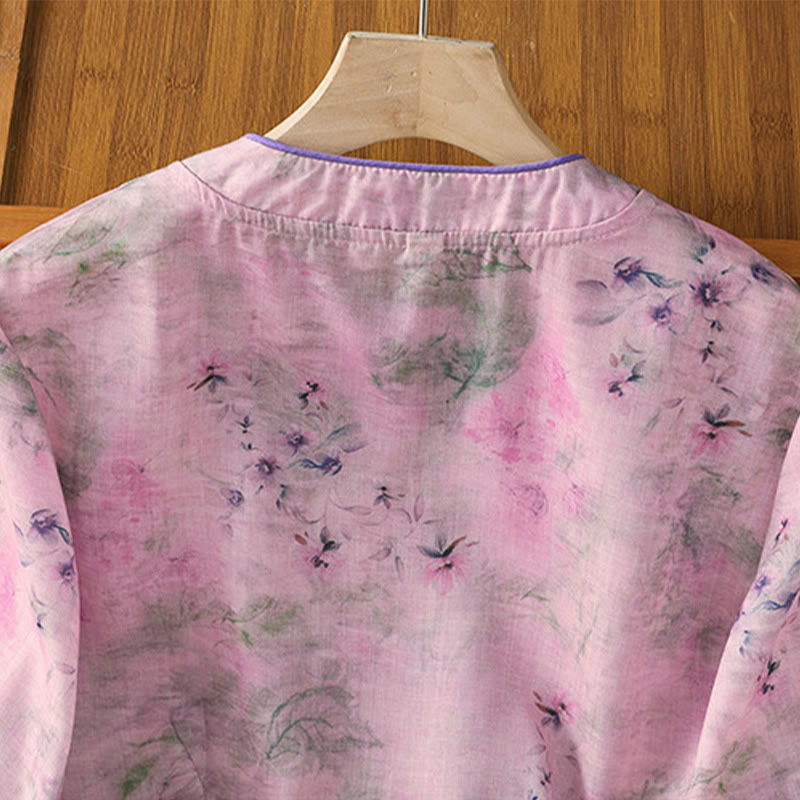 Buddha Stones Camicia da donna in cotone con maniche a tre quarti, stampa floreale, tinta unita, bottoni cinesi a forma di rana - image 18