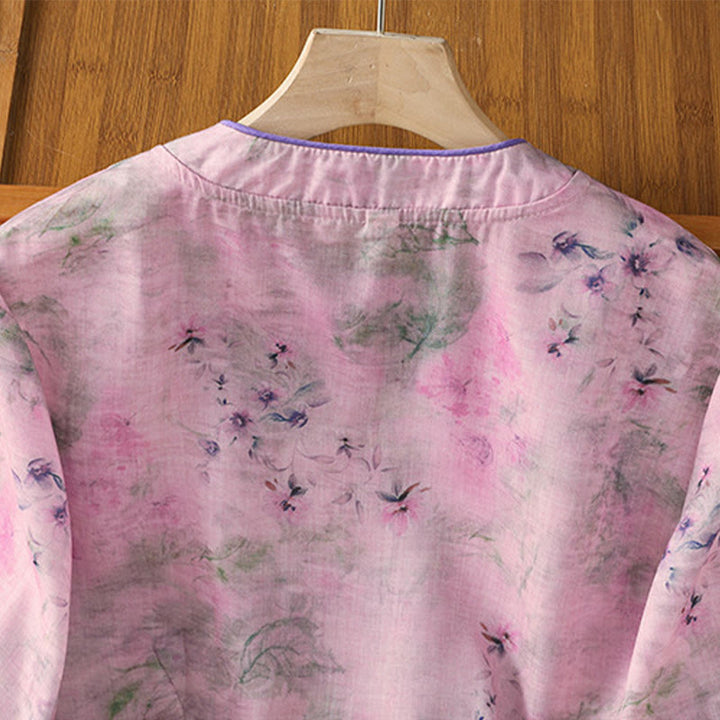 Buddha Stones Camicia da donna in cotone con maniche a tre quarti, stampa floreale, tinta unita, bottoni cinesi a forma di rana - image 18