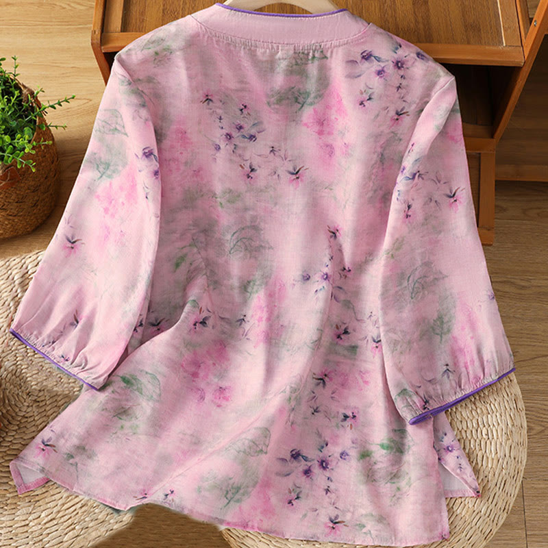 Buddha Stones Camicia da donna in cotone con maniche a tre quarti, stampa floreale, tinta unita, bottoni cinesi a forma di rana - image 16