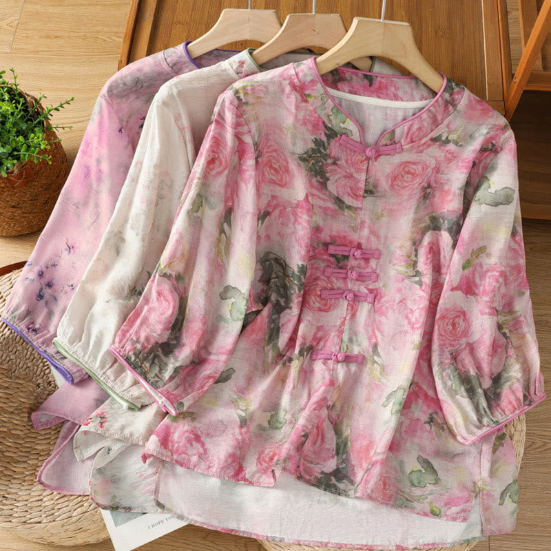 Buddha Stones Camicia da donna in cotone con maniche a tre quarti, stampa floreale, tinta unita, bottoni cinesi a forma di rana - image 21