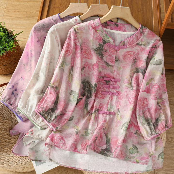 Buddha Stones Camicia da donna in cotone con maniche a tre quarti, stampa floreale, tinta unita, bottoni cinesi a forma di rana - image 21