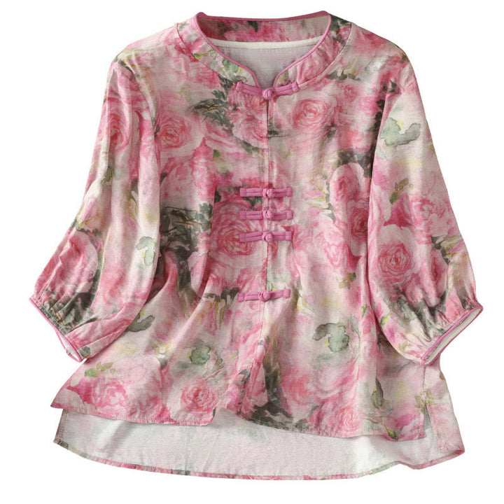 Buddha Stones Camicia da donna in cotone con maniche a tre quarti, stampa floreale, tinta unita, bottoni cinesi a forma di rana - image 14