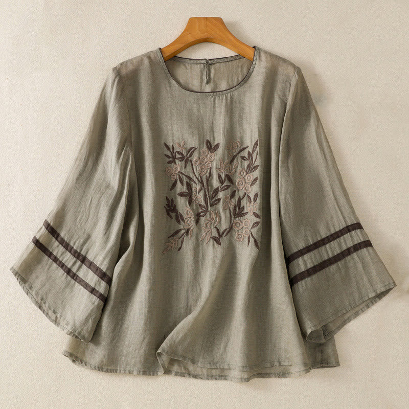 T-shirt da donna in cotone con maniche a tre quarti, ricamo floreale retrò con Buddha Stones - DarkSeaGreen - US14, UK/AU18, EU46 (2XL) - image 8