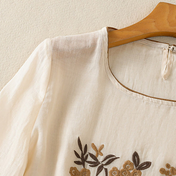 T-shirt da donna in cotone con maniche a tre quarti, ricamo floreale retrò con Buddha Stones - image 3