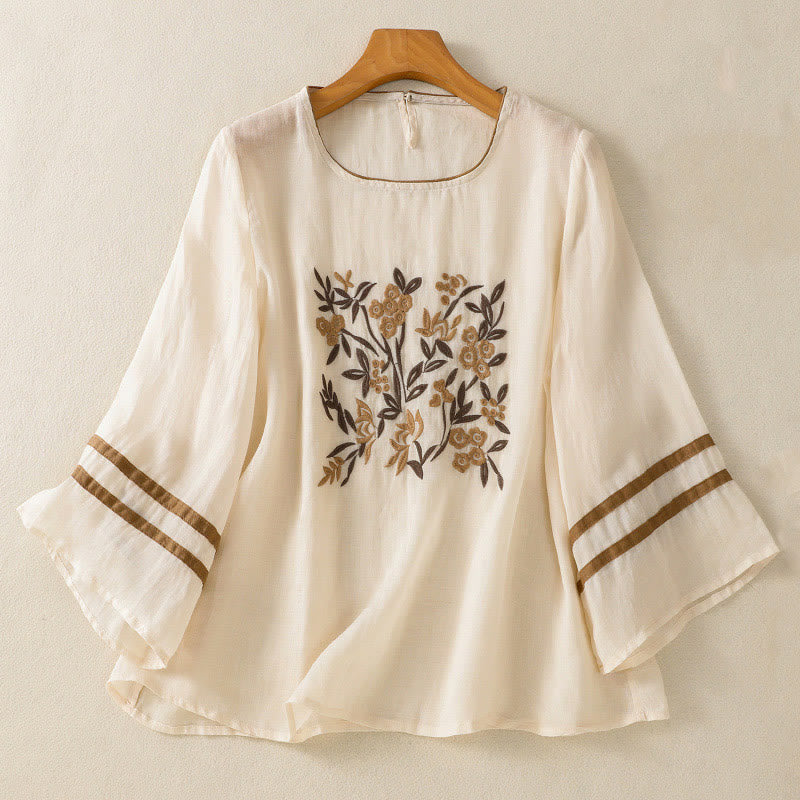 T-shirt da donna in cotone con maniche a tre quarti, ricamo floreale retrò con Buddha Stones - Beige - US14, UK/AU18, EU46 (2XL) - image 0