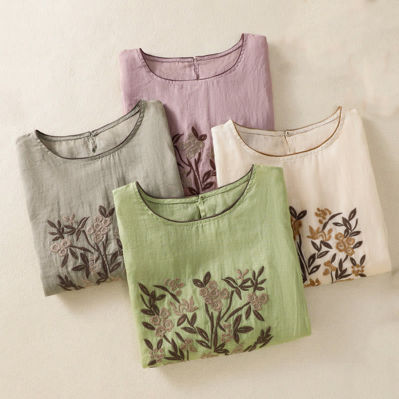 T-shirt da donna in cotone con maniche a tre quarti, ricamo floreale retrò con Buddha Stones - image 32