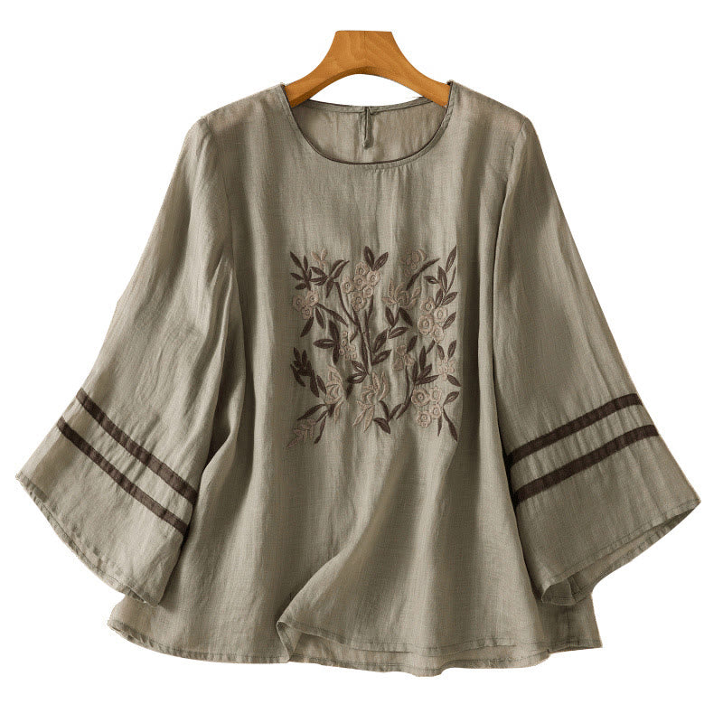 T-shirt da donna in cotone con maniche a tre quarti, ricamo floreale retrò con Buddha Stones - image 16