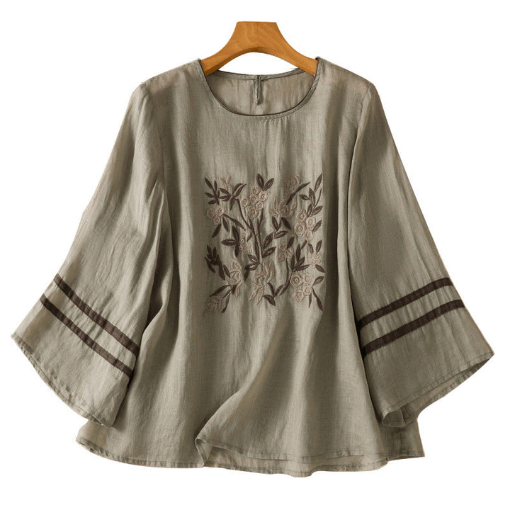 T-shirt da donna in cotone con maniche a tre quarti, ricamo floreale retrò con Buddha Stones - image 16