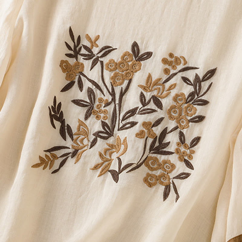 T-shirt da donna in cotone con maniche a tre quarti, ricamo floreale retrò con Buddha Stones - image 5