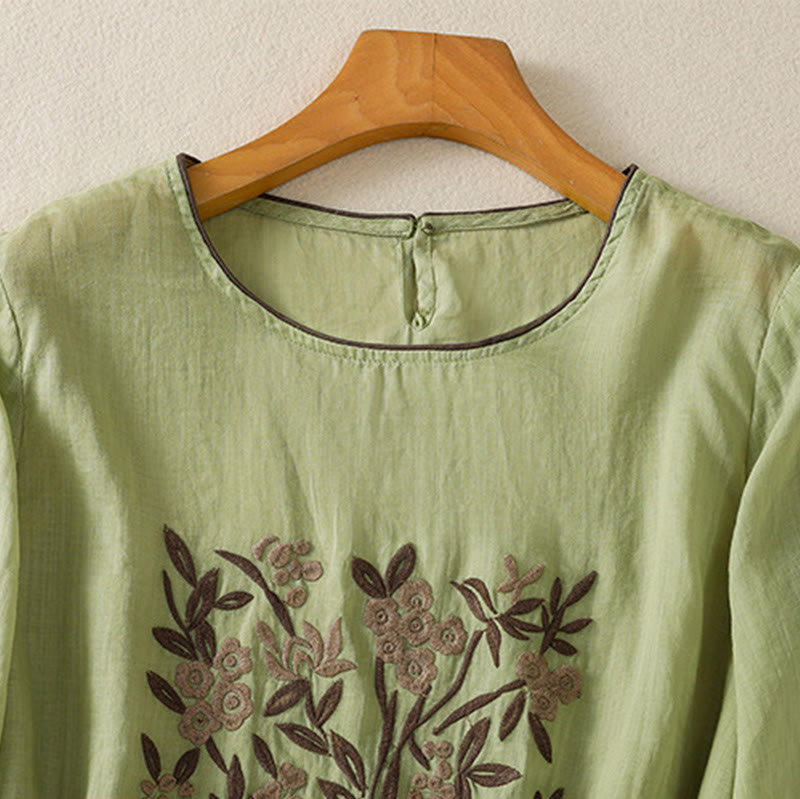 T-shirt da donna in cotone con maniche a tre quarti, ricamo floreale retrò con Buddha Stones - image 19