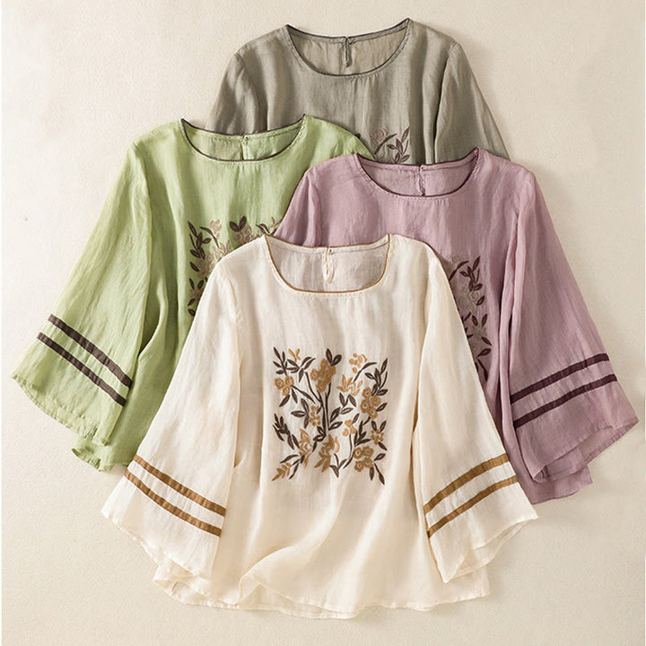 T-shirt da donna in cotone con maniche a tre quarti, ricamo floreale retrò con Buddha Stones - image 31