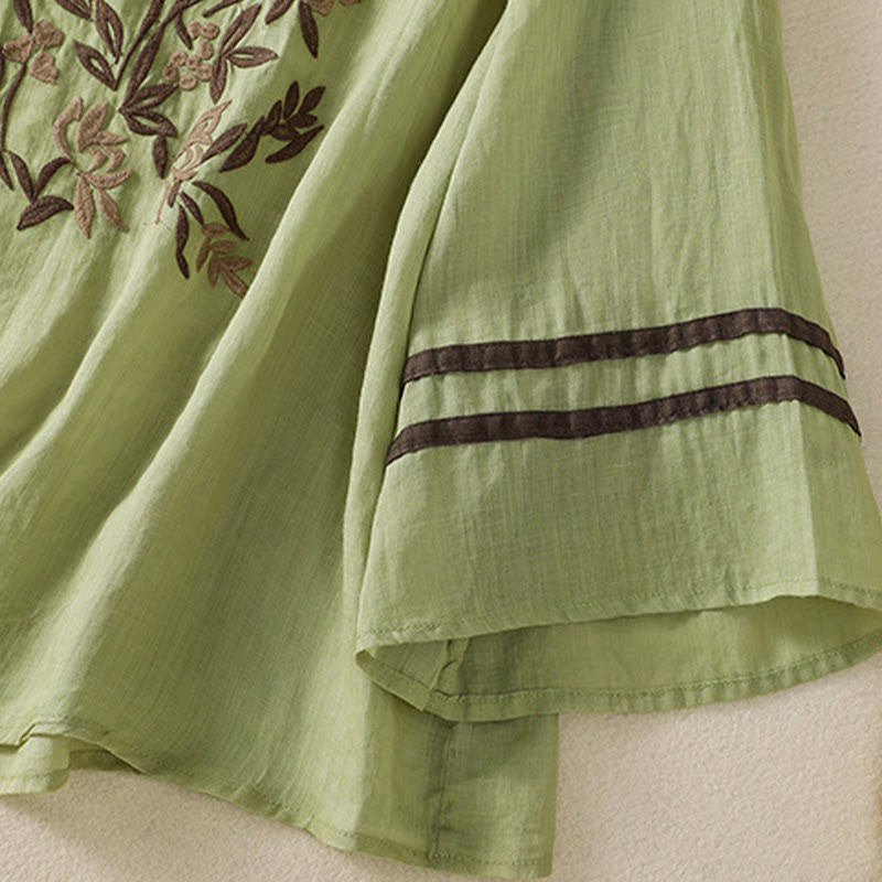 T-shirt da donna in cotone con maniche a tre quarti, ricamo floreale retrò con Buddha Stones - image 22