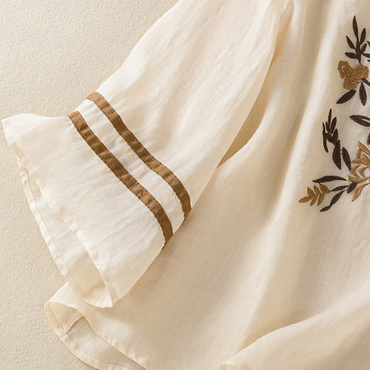 T-shirt da donna in cotone con maniche a tre quarti, ricamo floreale retrò con Buddha Stones - image 6