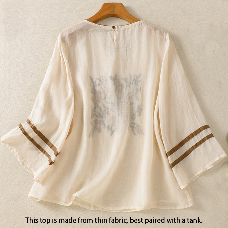 T-shirt da donna in cotone con maniche a tre quarti, ricamo floreale retrò con Buddha Stones - image 1