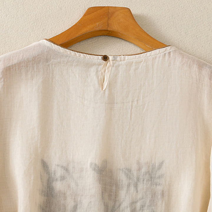 T-shirt da donna a maniche a tre quarti con ricamo floreale retrò Buddha Stones. - image 4