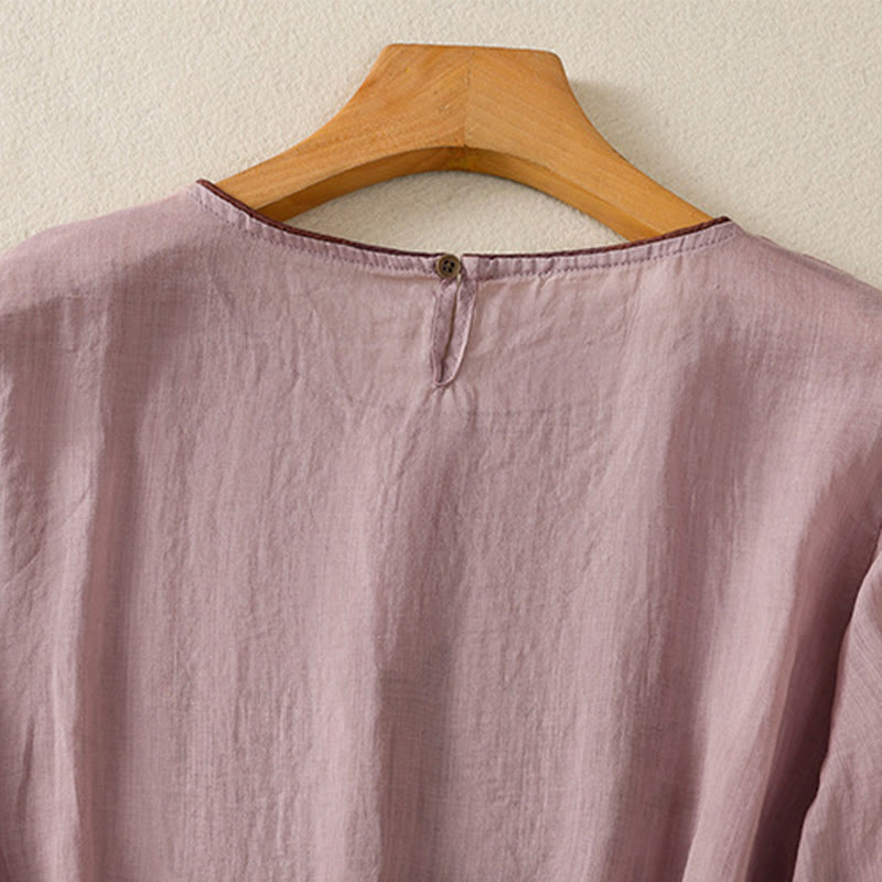 T-shirt da donna in cotone con maniche a tre quarti, ricamo floreale retrò con Buddha Stones - image 27