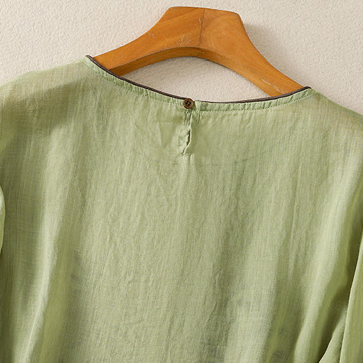 T-shirt da donna in cotone con maniche a tre quarti, ricamo floreale retrò con Buddha Stones - image 19