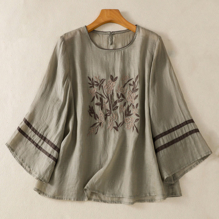 T-shirt da donna in cotone con maniche a tre quarti, ricamo floreale retrò con Buddha Stones - VerdeMareScuro - US14, UK/AU18, EU46 (2XL) - image 9