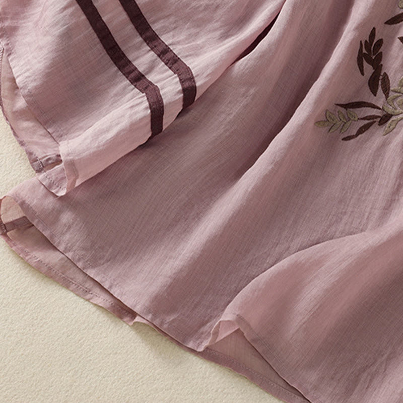 T-shirt da donna in cotone con maniche a tre quarti, ricamo floreale retrò con Buddha Stones - image 31