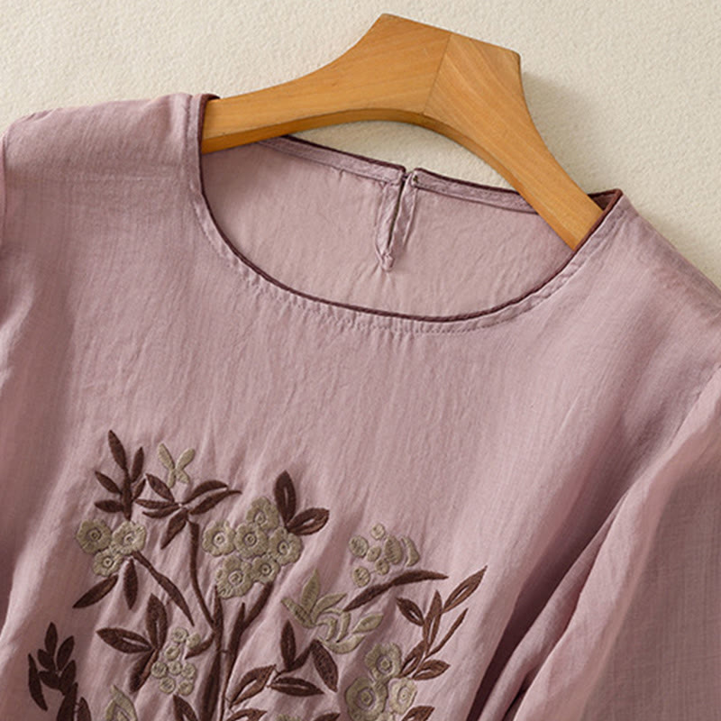 T-shirt da donna in cotone con maniche a tre quarti, ricamo floreale retrò con Buddha Stones - image 26